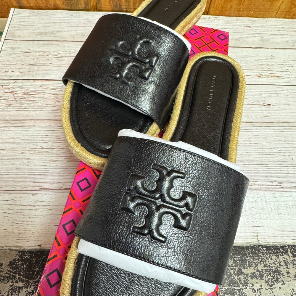 Tory Burch Everly Leather Espadrille Slide - Perfect Black - Picture 4 of 5